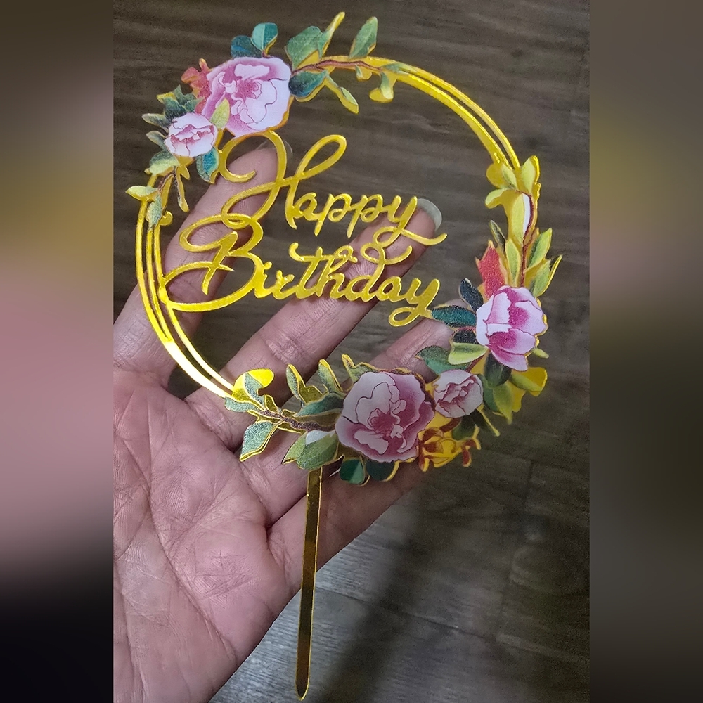 Gold Floral Happy Birthday Cake Topper - Picture 2 of 4